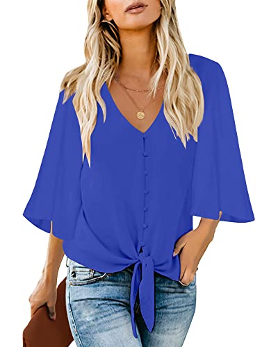 Utyful Bluse für Frauen Sommer Casual V-Ausschnitt 3/4 Krawatte Knoten Glockenärmel Bluse Knopfleiste Shirts für Frauen, A-Knopf-Krawatte, Lapislazuli, Blau, Groß von Utyful