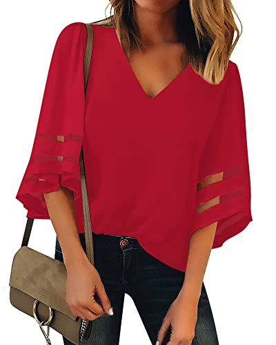 Utyful Damen 3/4-Ärmel Tops Casual Damen Blusen und Tops Elegant Sommer V Ausschnitt - Rot Groß von Utyful