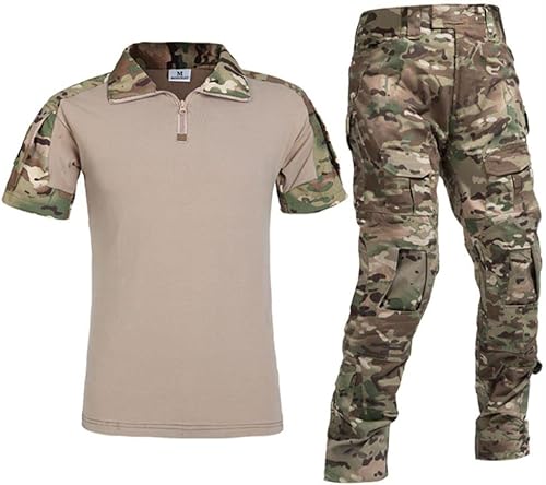 Uugood Sommer Hemd für Herren, Military Shirt Kurzarm Schmal Taktische Anzüge Kampfhemd und Hose Rip-Stop Camouflage Shirt für die Airsoft Jagd Paintball, CP, L von Uugood