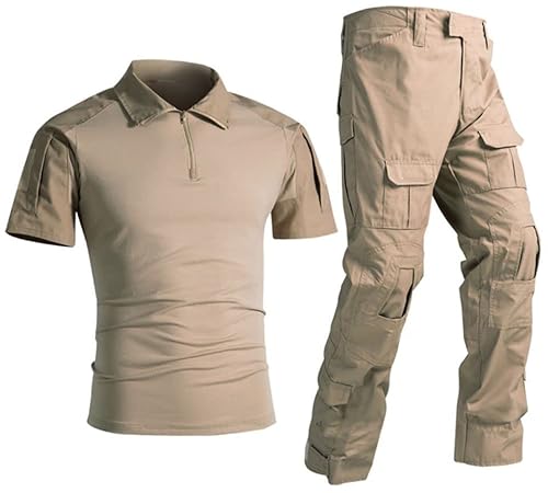 Uugood Sommer Hemd für Herren, Military Shirt Kurzarm Schmal Taktische Anzüge Kampfhemd und Hose Rip-Stop Camouflage Shirt für die Airsoft Jagd Paintball, Khaki, L von Uugood