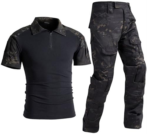 Uugood Sommer Hemd für Herren, Military Shirt Kurzarm Schmal Taktische Anzüge Kampfhemd und Hose Rip-Stop Camouflage Shirt für die Airsoft Jagd Paintball, SchwarzCP, L von Uugood