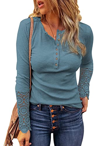 Uusollecy Langarmshirts Damen, V-Ausschnitt Basic Pullover, Einfarbig Langarm Shirt mit Spitze Ärmel, Slim Fit Oberteile Tops mit Knöpfen für Frauen Teen Girls Blau S von Uusollecy