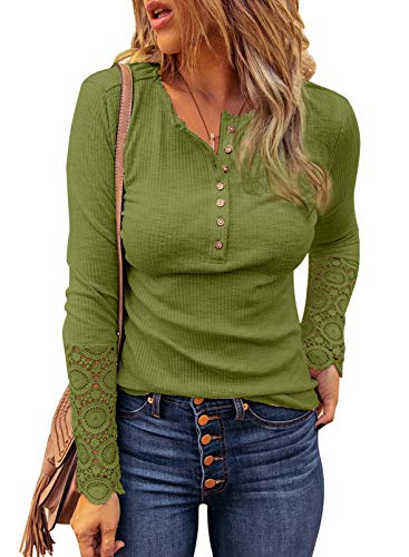 Uusollecy Langarmshirts Damen, V-Ausschnitt Basic Pullover, Einfarbig Langarm Shirt mit Spitze Ärmel, Slim Fit Oberteile Tops mit Knöpfen für Frauen Teen Girls Grün S von Uusollecy