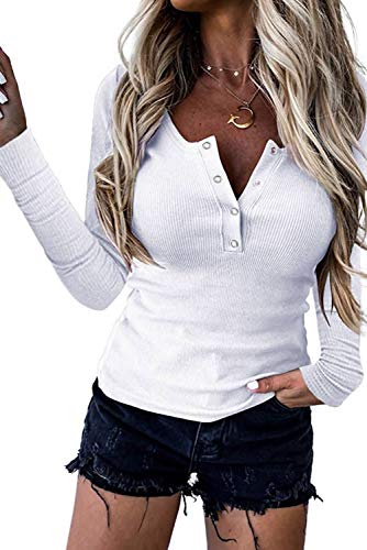 Damen Langarmshirts V-Ausschnitt Basic Oberteile Slim Fit Einfarbig T-Shirt Oberteile Tops mit Button für Damen Teen Girls XX-Large von Uusollecy