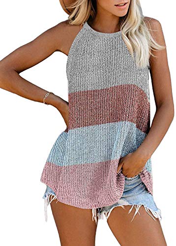 Uusollecy Tank Top Damen Sommer Neckholder Ärmellose Stricktop, Bunt Rundhals Basic Tanktop Oberteile Bluse, Mehrfarbig XL von Uusollecy