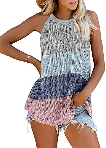 Uusollecy Tank Top Damen Sommer Neckholder Ärmellose Stricktop, Bunt Rundhals Basic Tanktop Oberteile Bluse, Grau L von Uusollecy