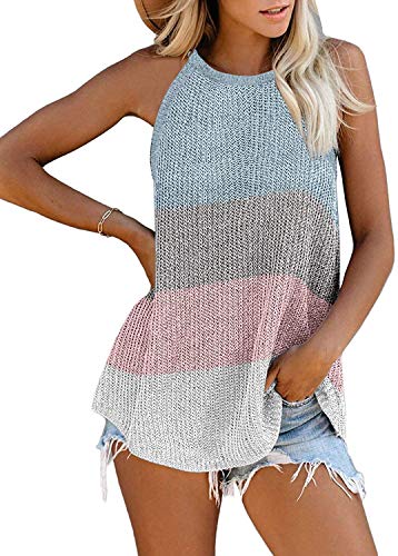 Uusollecy Tank Top Damen Sommer Neckholder Ärmellose Stricktop, Bunt Rundhals Basic Tanktop Oberteile Bluse, Hellblau XXL von Uusollecy