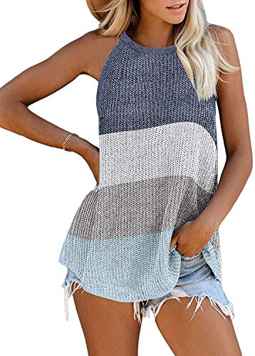 Uusollecy Tank Top Damen Sommer Neckholder Ärmellose Stricktop, Bunt Rundhals Basic Tanktop Oberteile Bluse, Marineblau XXL von Uusollecy