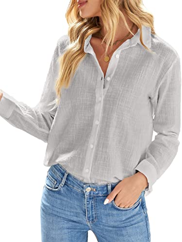 Uusollecy Bluse Damen Elegant, Revers Kragen Langarm Leinenbluse, V-Ausschnitt Button-down Hemdbluse, Einfarbig Casual Loose Sommerbluse Tunika Für Frauen Teen Girls Grau XXL von Uusollecy