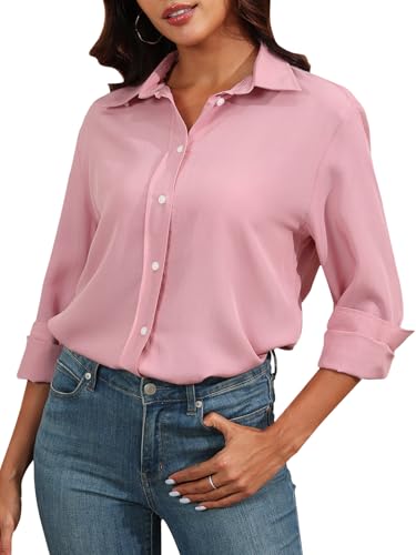 Uusollecy Bluse Damen Langarm Casual Button-down Hemdbluse, V-Ausschnitt Einfarbig Loose Hemd Oberteile mit Knöpfen Rosa S von Uusollecy