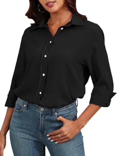 Uusollecy Bluse Damen Langarm Casual Button-down Hemdbluse, V-Ausschnitt Einfarbig Loose Hemd Oberteile mit Knöpfen Schwarz XL von Uusollecy