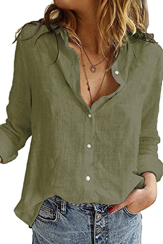 Uusollecy Bluse Damen Sommer, Langarm V-Ausschnitt Blusehemd, Casual Baumwolle Button-down Langarmshirt, Einfarbig Loose Oberteile Tops Shirts Für Frauen Teen Girls Grün XXL von Uusollecy