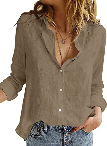 Uusollecy Bluse Damen Sommer, Langarm V-Ausschnitt Blusehemd, Casual Baumwolle Button-down Langarmshirt, Einfarbig Loose Oberteile Tops Shirts Für Frauen Teen Girls Kaffee XXL von Uusollecy