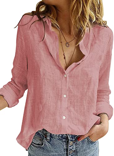 Uusollecy Bluse Damen Sommer, Langarm V-Ausschnitt Blusehemd, Casual Baumwolle Button-down Langarmshirt, Einfarbig Loose Oberteile Tops Shirts Für Frauen Teen Girls Rosa S von Uusollecy