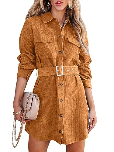 Uusollecy Blusenkleid Damen Corduroy Langarm Hemdkleid mit Gürtel, Minilänge Cordkleid mit Tasche und Knopfleiste Braun S von Uusollecy