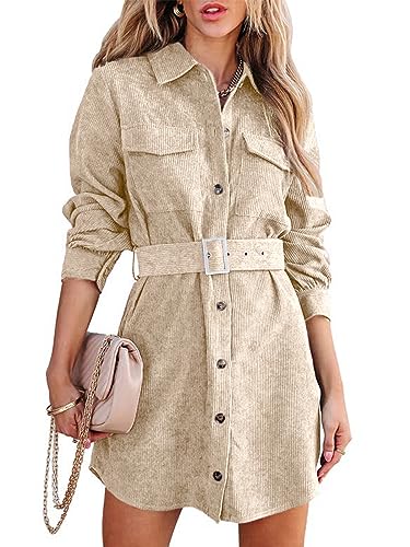 Uusollecy Blusenkleid Damen Corduroy Langarm Hemdkleid mit Gürtel, Minilänge Cordkleid mit Tasche und Knopfleiste Khaki M von Uusollecy