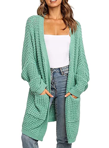 Uusollecy Strickjacke Damen Lang Open Front Cardigan, Casual Loose Langarm Strickcardigan mit Tasche Grün L von Uusollecy