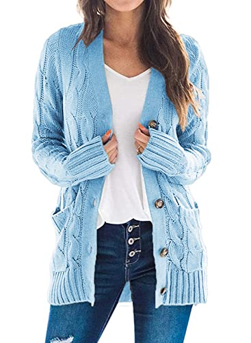 Uusollecy Strickjacke Damen mit Knopfleiste Herbst Zopfmuster Langarm Cardigan Winter Warm Strickjacken mit Tasche, Hellblau XL von Uusollecy