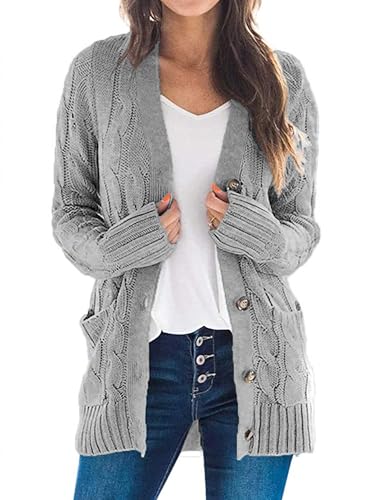 Uusollecy Strickjacke Damen mit Knopfleiste Herbst Zopfmuster Langarm Cardigan Winter Warm Strickjacken mit Tasche, Hellgrau XXL von Uusollecy