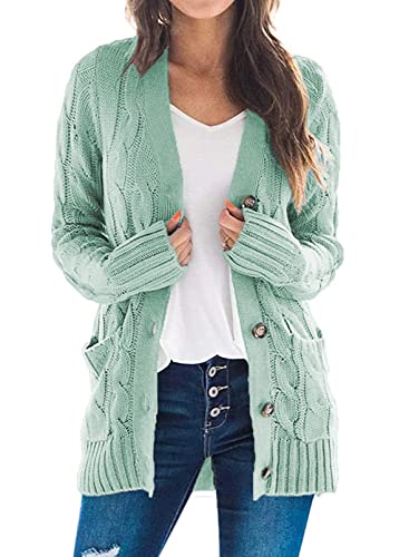 Uusollecy Strickjacke Damen mit Knopfleiste Herbst Zopfmuster Langarm Cardigan Winter Warm Strickjacken mit Tasche, Hellgrün M von Uusollecy