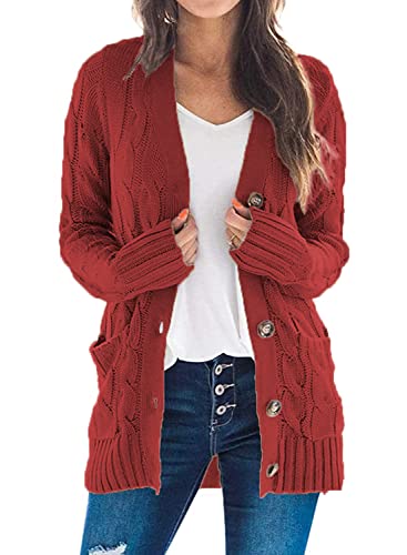 Uusollecy Strickjacke Damen mit Knopfleiste Herbst Zopfmuster Langarm Cardigan Winter Warm Strickjacken mit Tasche, Rot M von Uusollecy