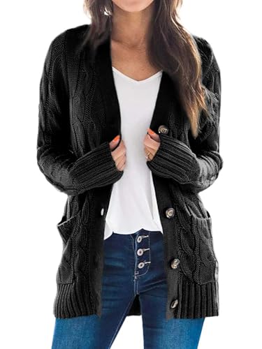 Uusollecy Strickjacke Damen mit Knopfleiste Herbst Zopfmuster Langarm Cardigan Winter Warm Strickjacken mit Tasche, Schwarz XXL von Uusollecy