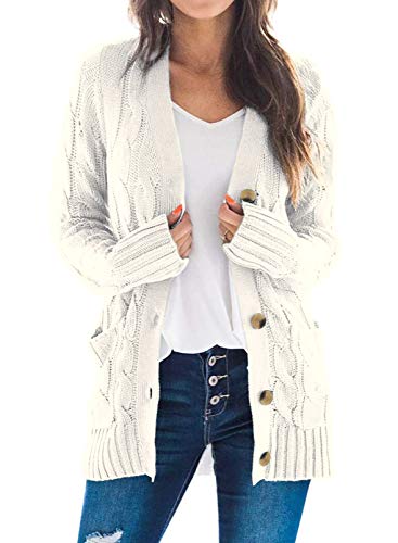 Uusollecy Strickjacke Damen mit Knopfleiste Herbst Zopfmuster Langarm Cardigan Winter Warm Strickjacken mit Tasche, Weiß XL von Uusollecy