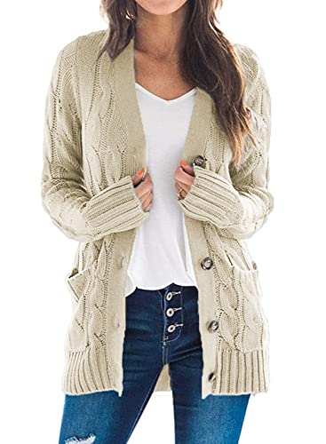 Uusollecy Strickjacke Damen Button Down Open Front Strickpullover, Einfarbig Langarm Grobstrick Cardigan, Herbst Winter Strickcardigan mit Tasche Aprikose S von Uusollecy