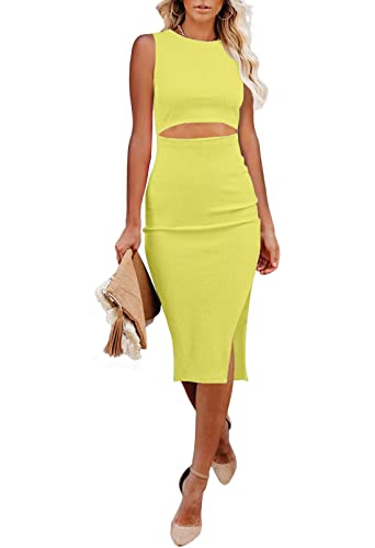 Uusollecy Damen Cut Out Kleid mit Schlitz Ärmellos Knielang Bodycon Sommerkleid Rundhals Figurbetontes Midikleid Gelb M von Uusollecy