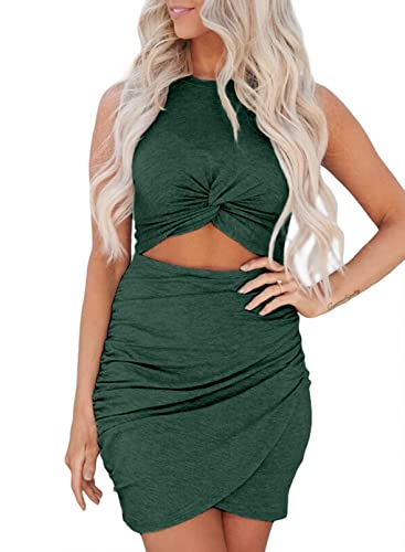 Uusollecy Sommerkleid Damen, Ärmellos Rundhals Bodycon Minikleider, Ausschnitt Twist Knot Sexy Kurze Kleider, Einfarbige Slim Fit Partykleid Grün Large von Uusollecy