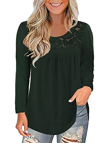 Uusollecy Damen Langarmshirt Tunika, Rundhals Spitze Einfarbig Langarm Blusen, Casual Lose Übergröße Tuniken Shirt Oberteile Tops Grün L von Uusollecy