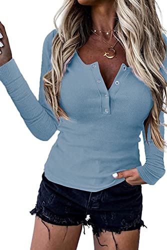 Uusollecy Langarmshirts Damen V-Ausschnitt Langarm Basic T-Shirt Tops Blau M von Uusollecy