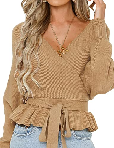 Uusollecy Damen Pullover, Sexy V-Ausschnitt Rückenfrei Kurz Strickpullover, Rüschensaum Puffärmel Wickelpullover Mit Gürtel, Casual Lange Fledermausärmel Stricken Sweater Khaki XL von Uusollecy