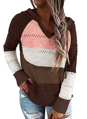 Uusollecy Strickpullover Damen V-Auschnitt Hoodie Pullover, Langarm Gestreift Kapuzenpullover, Gestrickt Pulli Sweatshirt Oberteile Braun S von Uusollecy