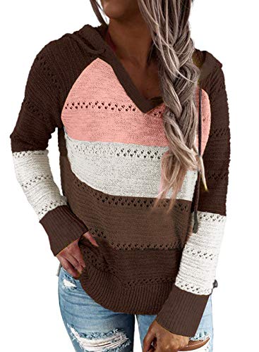 Uusollecy Strickpullover Damen V-Auschnitt Hoodie Pullover, Langarm Gestreift Kapuzenpullover, Gestrickt Pulli Sweatshirt Oberteile Braun XL von Uusollecy