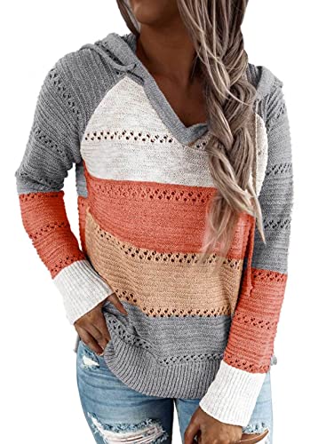 Uusollecy Strickpullover Damen V-Auschnitt Hoodie Pullover, Langarm Gestreift Kapuzenpullover, Gestrickt Pulli Sweatshirt Oberteile Mehrfarbig XXL von Uusollecy