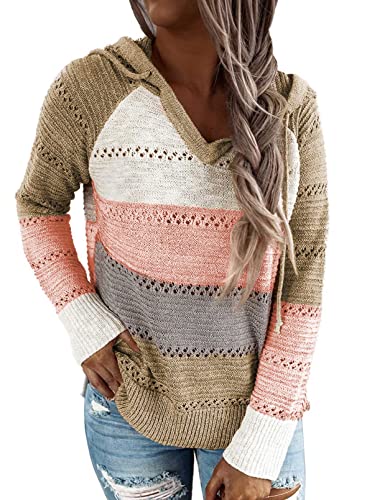 Uusollecy Strickpullover Damen V-Auschnitt Hoodie Pullover, Langarm Gestreift Kapuzenpullover, Gestrickt Pulli Sweatshirt Oberteile Khaki S von Uusollecy