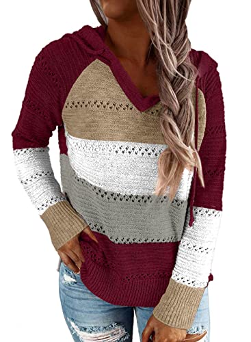 Uusollecy Strickpullover Damen V-Auschnitt Hoodie Pullover, Langarm Gestreift Kapuzenpullover, Gestrickt Pulli Sweatshirt Oberteile Rot XL von Uusollecy