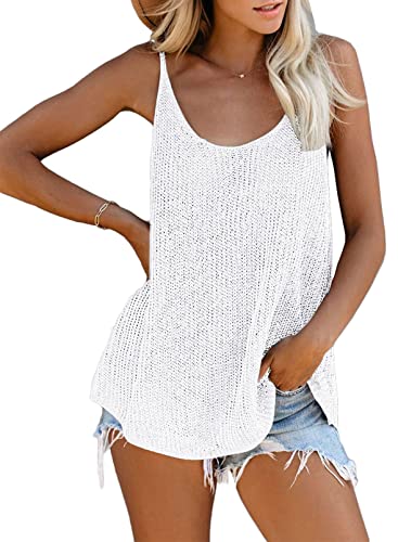 Uusollecy Top Damen Sommer Stricktop U-Ausschnitt Spaghetti Ärmellose Oberteile, Casual Loose Camisole Tops für Damen, Weiß S von Uusollecy
