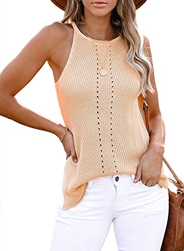 Uusollecy Tank Top Damen Sommer Neckholder Ärmellose Stricktop, Racerback Rundhals Basic Stricken Sommertop Oberteile, Apricot L von Uusollecy