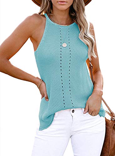 Uusollecy Tank Top Damen Sommer Neckholder Ärmellose Stricktop, Racerback Rundhals Basic Stricken Sommertop Oberteile, Blau S von Uusollecy