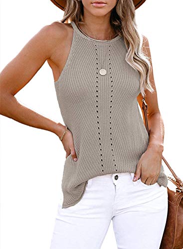 Uusollecy Tank Top Damen Sommer Neckholder Ärmellose Stricktop, Racerback Rundhals Basic Stricken Sommertop Oberteile, Grau XL von Uusollecy