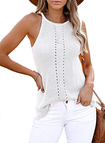 Uusollecy Tank Top Damen Sommer Neckholder Ärmellose Stricktop, Racerback Rundhals Basic Stricken Sommertop Oberteile, Weiß XXL von Uusollecy