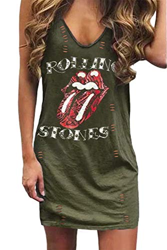 Uusollecy Damen Sommerkleid Ärmellos Rundhals Ripped Sommer Tshirt Kleid, Print Casual Kurzes Tankkleid Shirtkleider Grün Small von Uusollecy