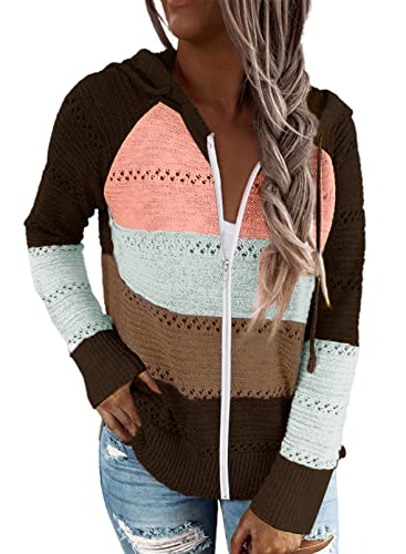 Uusollecy Strickjacke Damen Zip Hoodie Strickpullover, V-Ausschnitt Gestreift Pulli Sweatshirt, Herbst Winter Kapuzenpullover Oberteile Braun L von Uusollecy