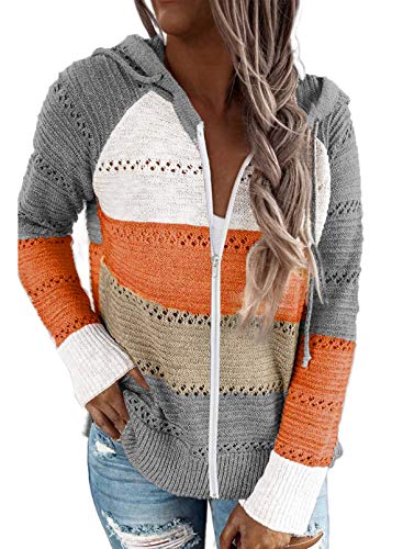 Uusollecy Strickjacke Damen Zip Hoodie Strickpullover, V-Ausschnitt Gestreift Pulli Sweatshirt, Herbst Winter Kapuzenpullover Oberteile Grau XL von Uusollecy