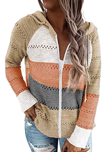 Uusollecy Strickjacke Damen Zip Hoodie Strickpullover, V-Ausschnitt Gestreift Pulli Sweatshirt, Herbst Winter Kapuzenpullover Oberteile Khaki M von Uusollecy