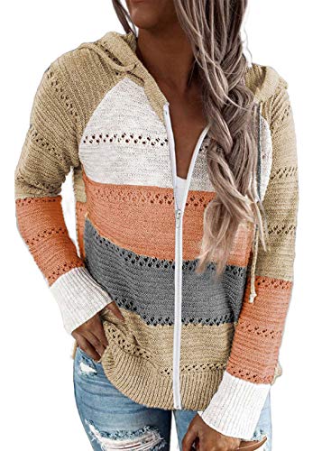 Uusollecy Strickjacke Damen Zip Hoodie Strickpullover, V-Ausschnitt Gestreift Pulli Sweatshirt, Herbst Winter Kapuzenpullover Oberteile Khaki S von Uusollecy