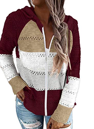 Uusollecy Strickjacke Damen Zip Hoodie Strickpullover, V-Ausschnitt Gestreift Pulli Sweatshirt, Herbst Winter Kapuzenpullover Oberteile rot XL von Uusollecy