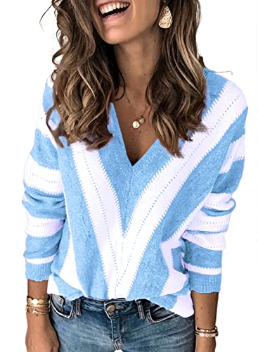 Uusollecy Pullover Damen V-Ausschnitt Strickpullover, Casual Loose Herbst Winter Gestreift Pulli Tops Hellblau XL von Uusollecy